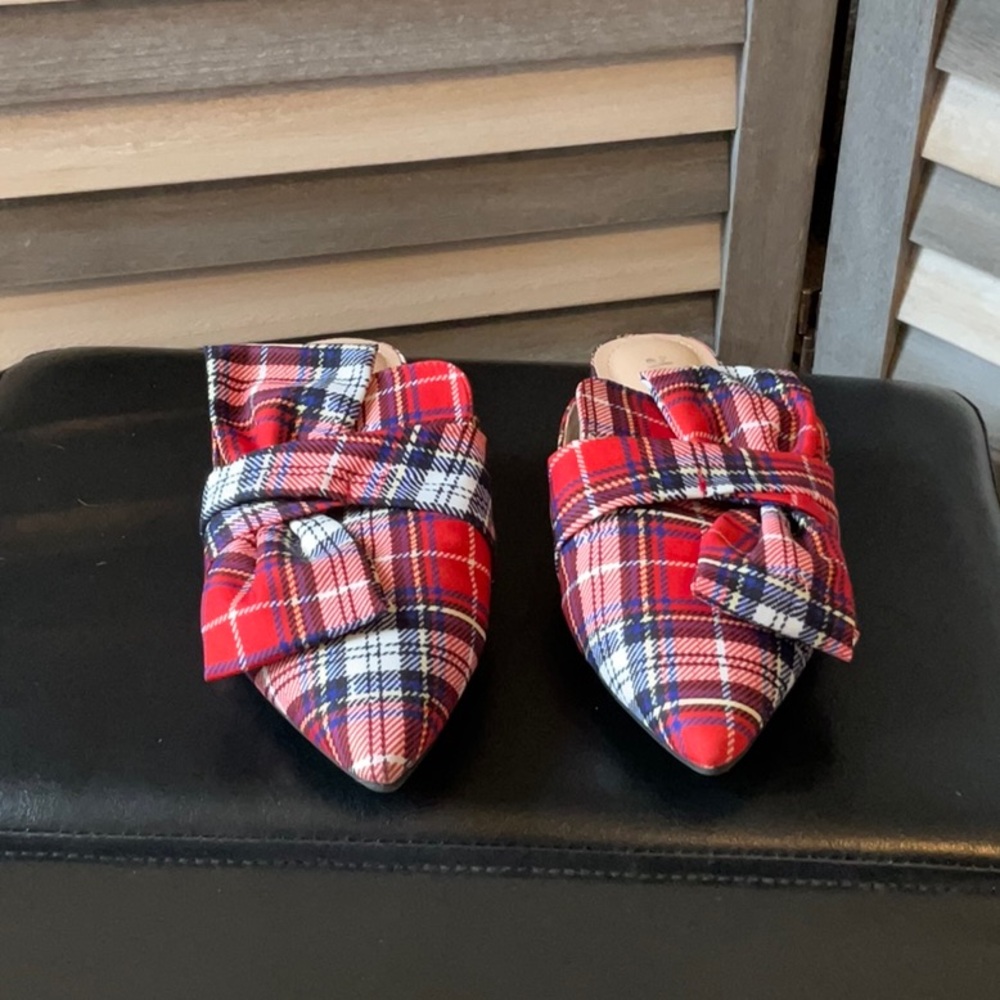 Red plaid flat mules
